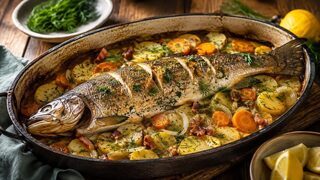 Mecklenburger Fischpfanne mit ganzem Ofenfisch auf Kartoffeln, Möhren, Zwiebeln und Speck