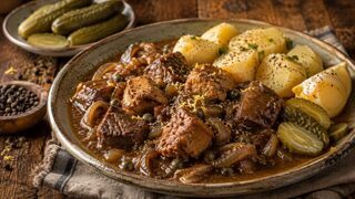 Westfälischer Pfefferpotthast mit zartem Fleisch, Zwiebeln, Kapern und kräftiger dunkler Sauce