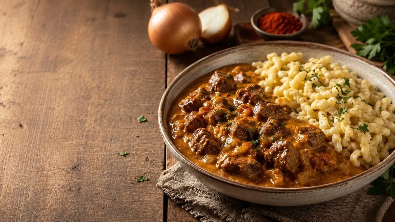 Rahmgulasch mit Spätzle hausgemacht serviert