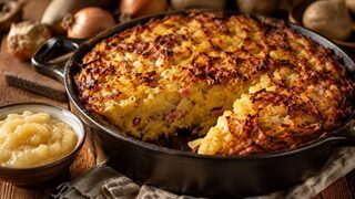 Rheinischer Döppekooche mit knuspriger Kartoffelkruste und saftiger Speck-Zwiebel-Füllung