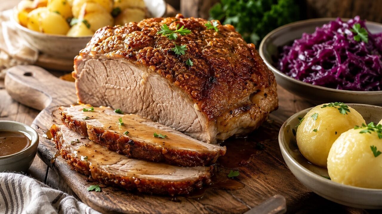 Schweinebraten hausgemacht serviert
