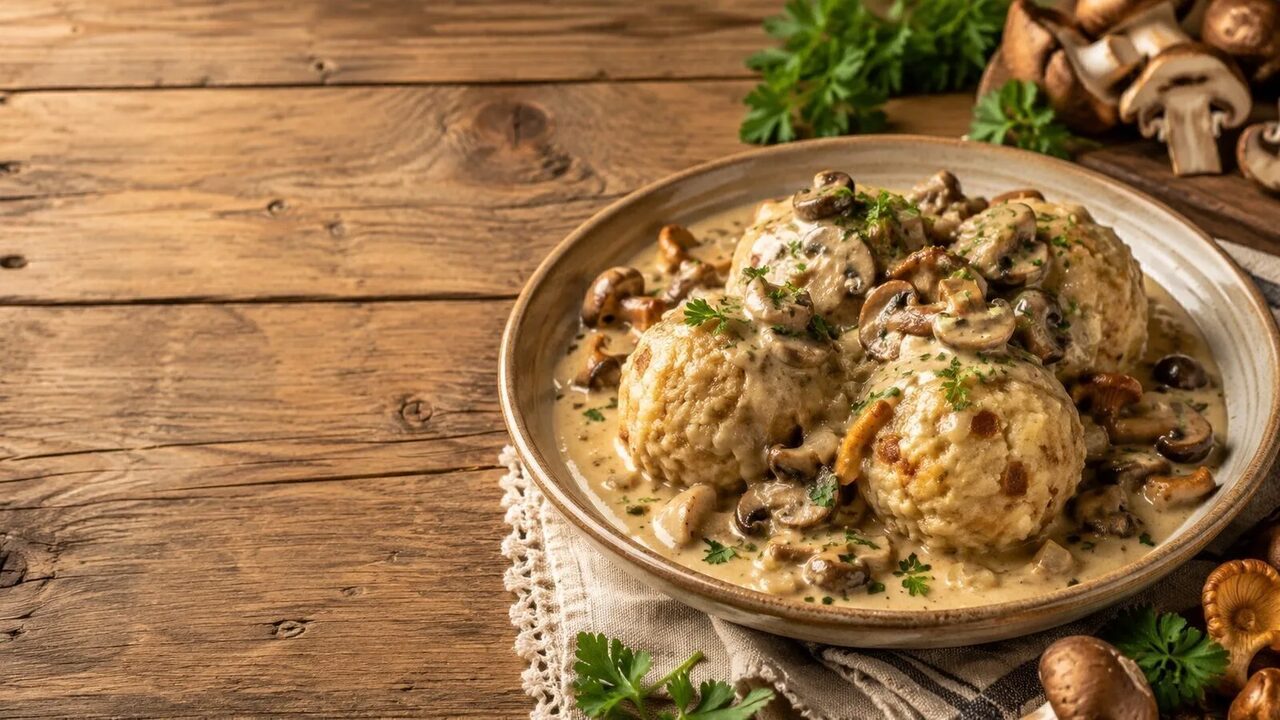 Semmelknödel mit Pilzrahm hausgemacht serviert