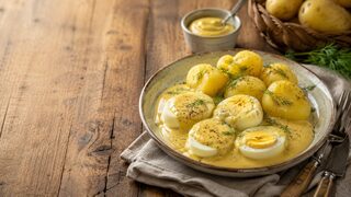 Senfeier mit Kartoffeln hausgemacht serviert