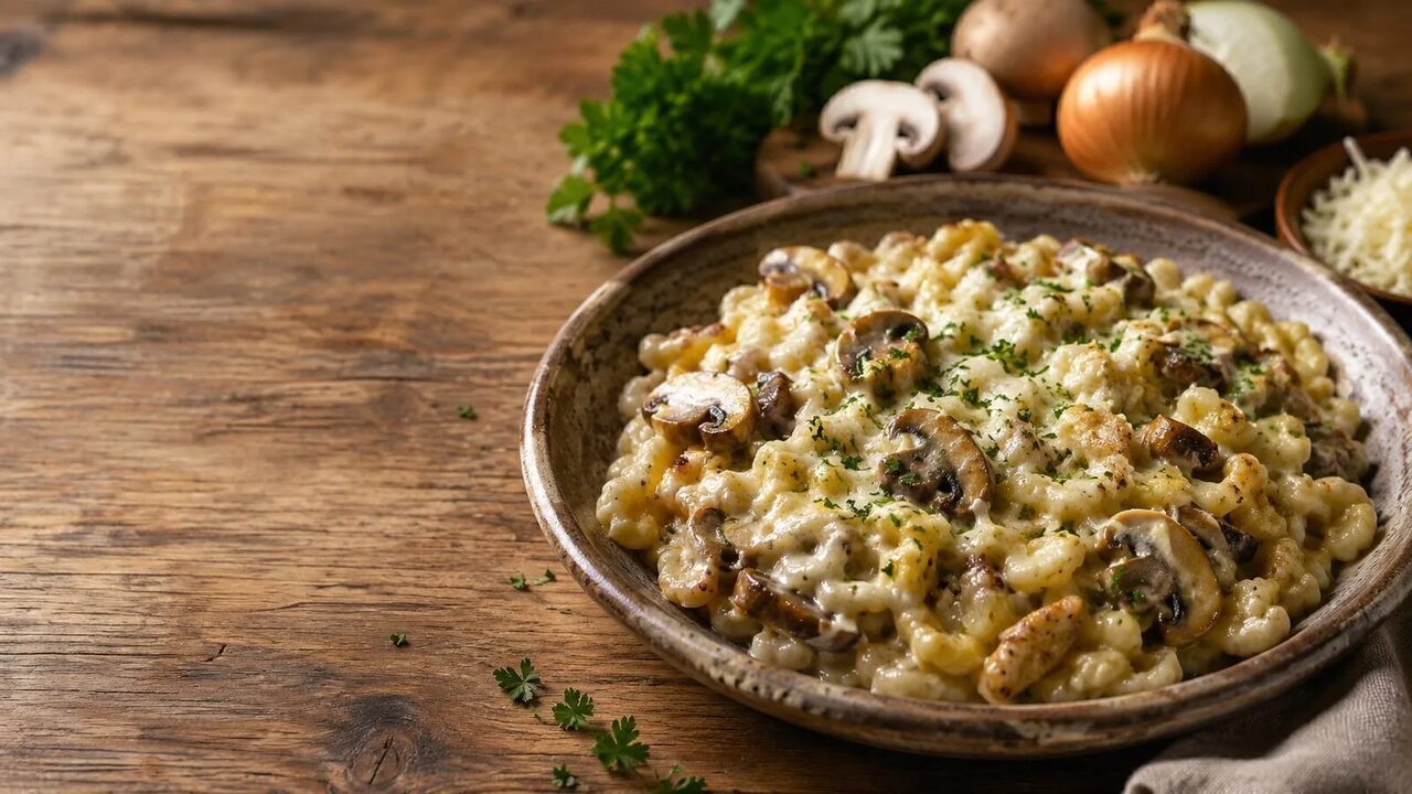 Spätzlepfanne mit Pilzen hausgemacht serviert