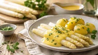 Spargel mit Sauce Hollandaise hausgemacht serviert