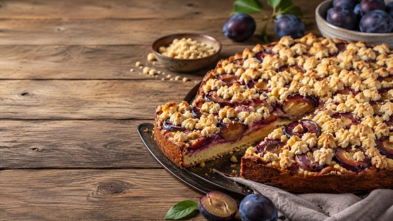 Zwetschgenkuchen mit Streuseln hausgemacht serviert