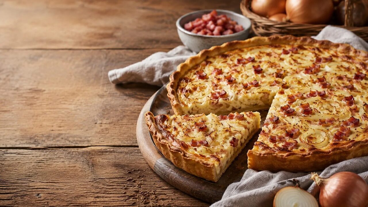 Zwiebelkuchen mit Speck hausgemacht serviert
