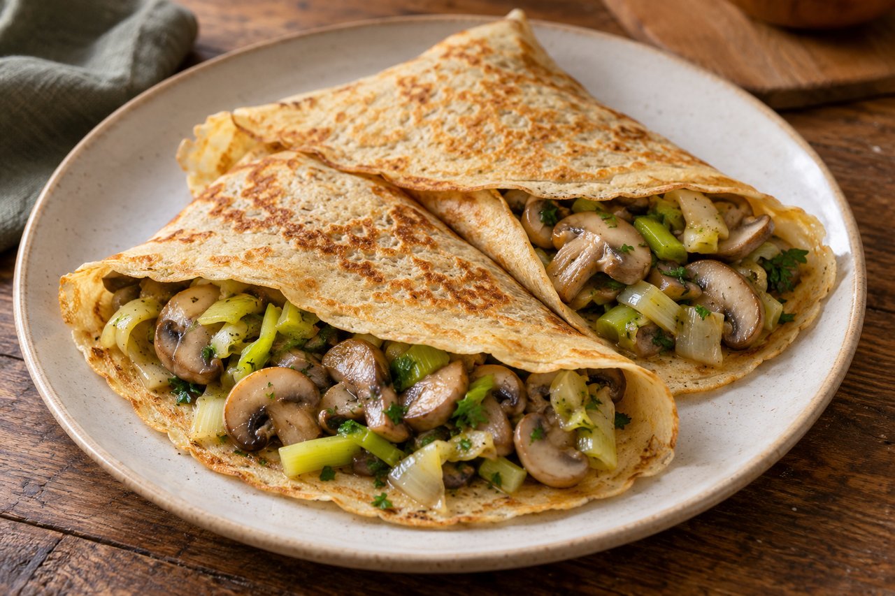 Crepes finas doradas de espelta con láminas de champiñón, puerro claro y perejil visibles