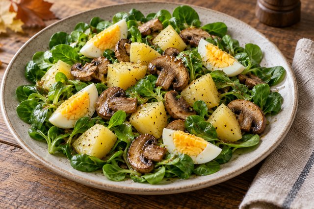 Lamb’s lettuce with yellow potato cubes, browned mushroom slices and hard-boiled egg quarters
