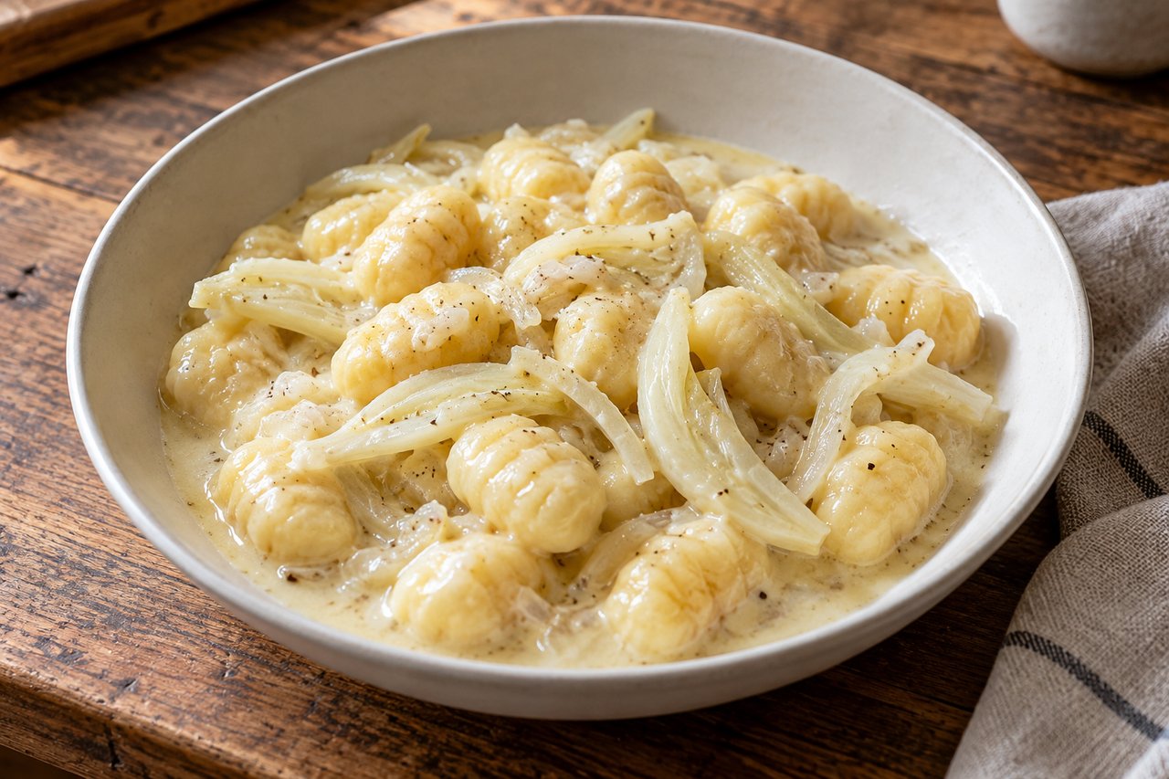 Gnocchi clairs avec de tendres lanières de fenouil dans une sauce crémeuse brillante sans garniture