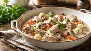 Blanquette de veau mit zartem Kalbfleisch, Champignons und Perlzwiebeln in heller Sauce
