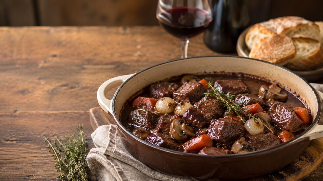 Boeuf Bourguignon mit Rindfleisch, Rotweinsauce, Champignons, Karotten und Perlzwiebeln