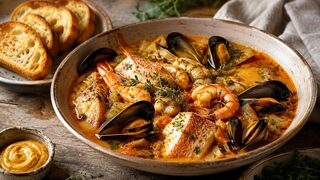 Bouillabaisse mit Fisch, Garnelen, Muscheln, Safranbrühe und Rouille