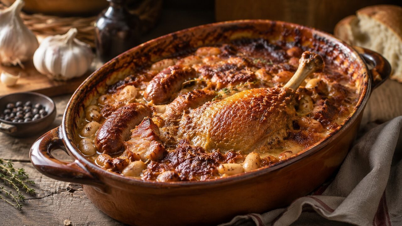 Cassoulet mit weißen Bohnen, Entenconfit und gebräunter Toulouse-Wurst in einer Auflaufform