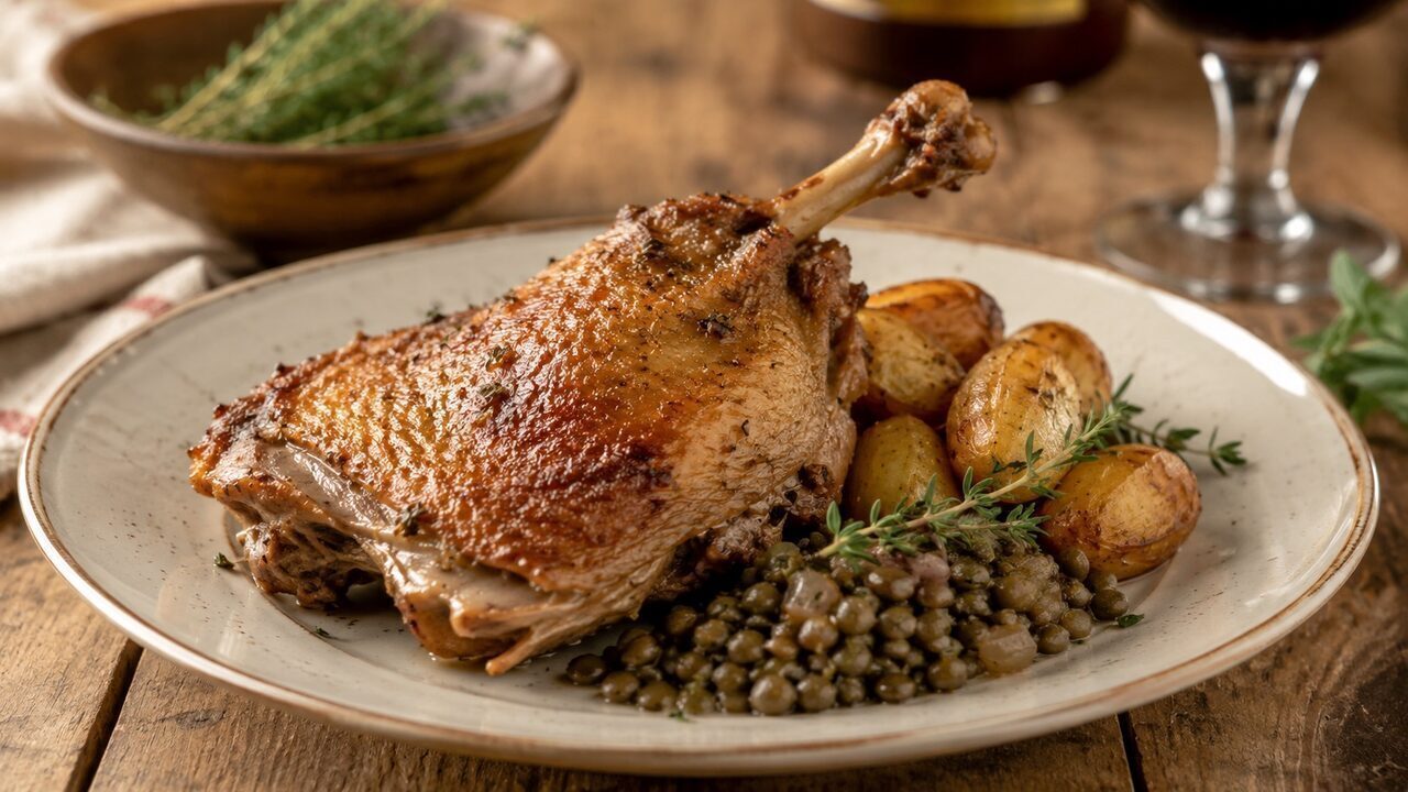 Knuspriges Confit de canard mit goldbrauner Entenkeule auf einem französischen Teller