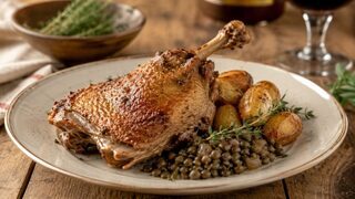 Knuspriges Confit de canard mit goldbrauner Entenkeule auf einem französischen Teller