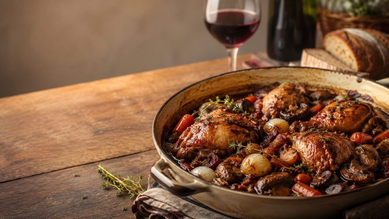 Coq au Vin mit Hähnchen in Rotweinsauce, Champignons, Speck und Perlzwiebeln