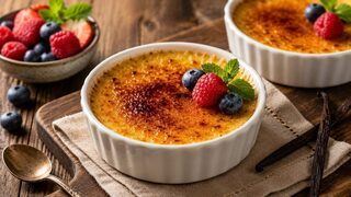 Crème brûlée in einer flachen Form mit glänzender, frisch karamellisierter Zuckerkruste