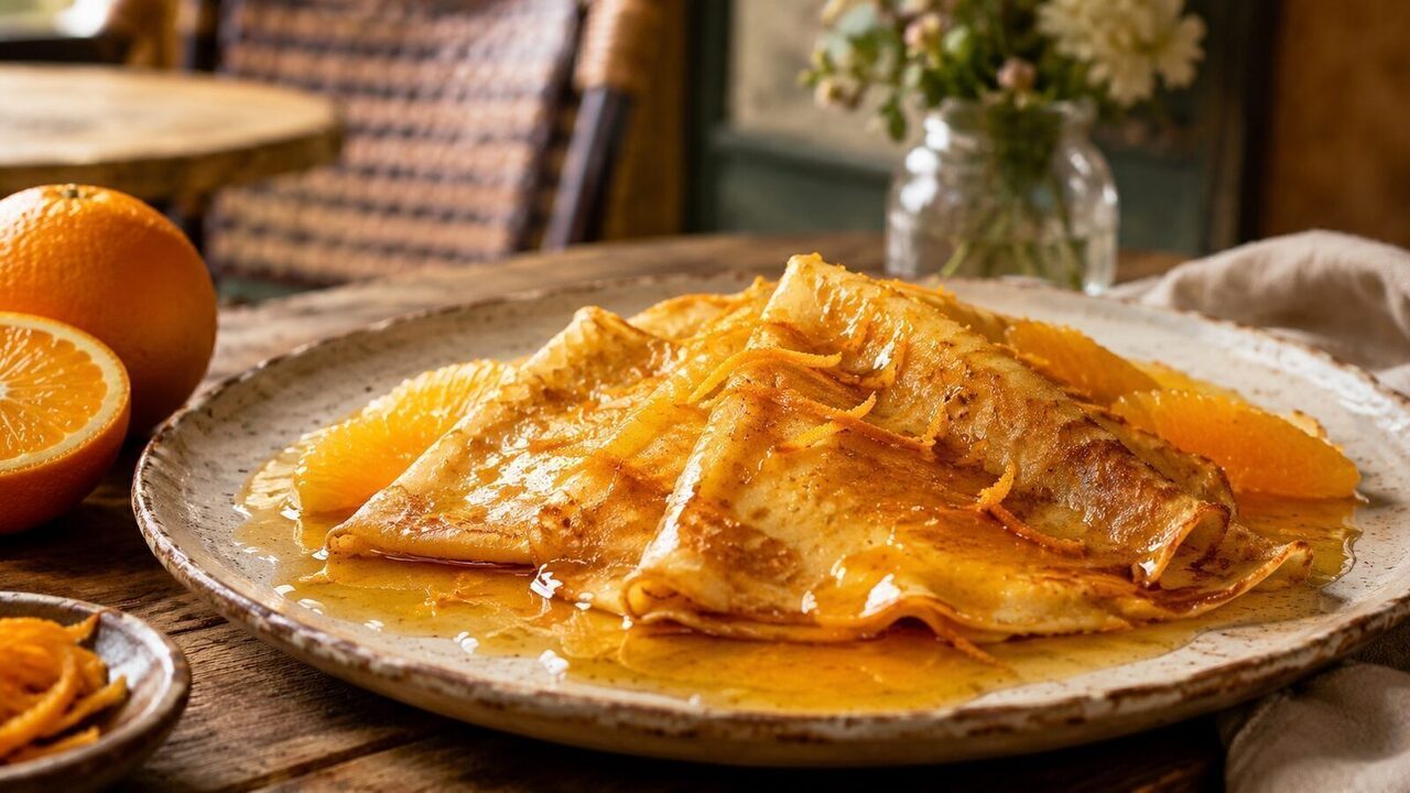 Crêpes Suzette mit gefalteten Crêpes in Orangen-Butter-Sauce und Orangenzesten