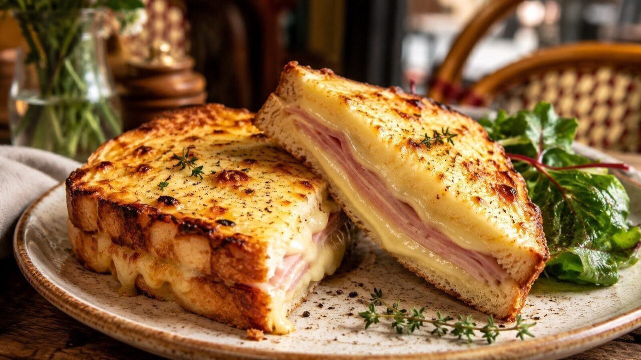 Croque Monsieur mit Schinken, Béchamel, Gruyère und goldbrauner Käsekruste