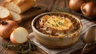 Französische Zwiebelsuppe mit karamellisierten Zwiebeln und gratiniertem Käse-Baguette