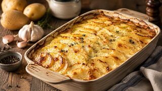Goldbraunes Gratin dauphinois mit dünnen Kartoffelschichten in einer gebutterten Form