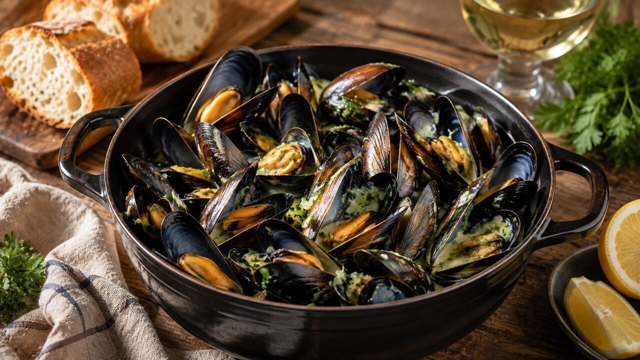Moules marinières mit geöffneten Miesmuscheln, Petersilie und Weißweinsud im Topf