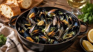 Moules marinières mit geöffneten Miesmuscheln, Petersilie und Weißweinsud im Topf