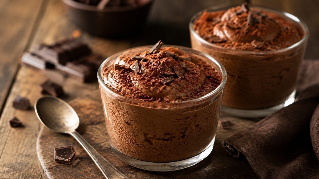 Luftige Mousse au chocolat aus dunkler Schokolade in kleinen Dessertgläsern