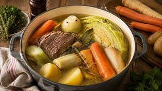 Pot-au-feu mit Rindfleisch, Möhren, Lauch, Kartoffeln und klarer Brühe in einer Schale