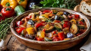 Ratatouille mit Aubergine, Zucchini, Paprika, Tomaten und Kräutern der Provence