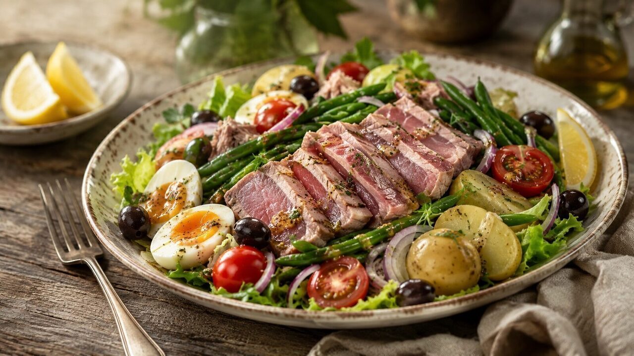 Salade Niçoise mit Thunfisch, Ei, grünen Bohnen, Tomaten, Oliven und Sardellen