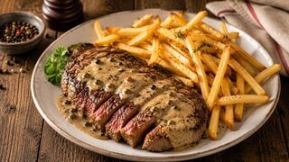 Steak frites mit rosa gebratenem Rindersteak, knusprigen Pommes und grüner Pfeffersauce