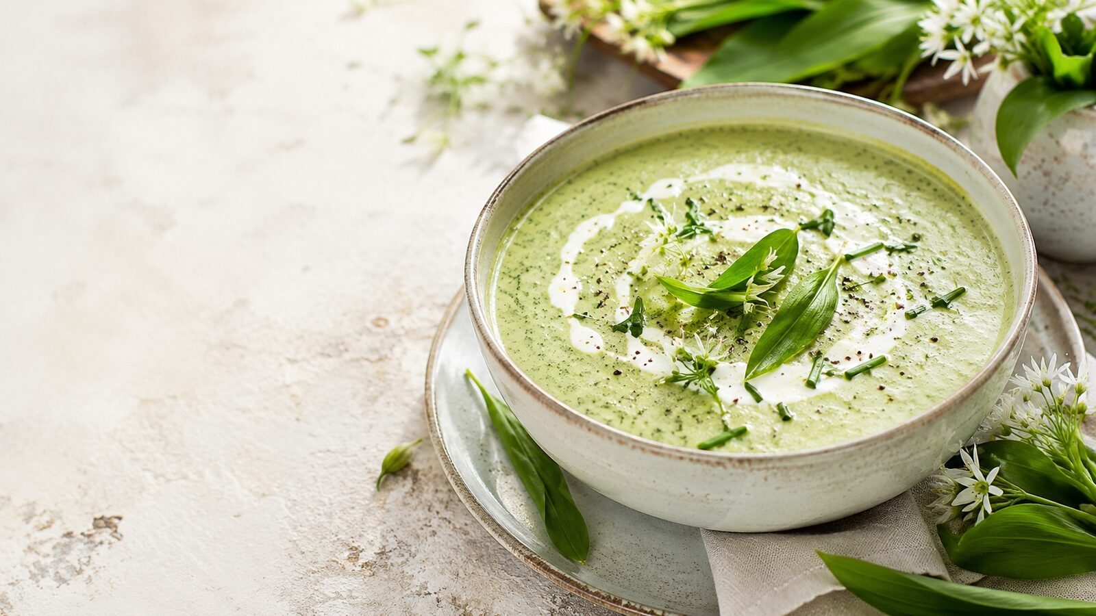 Bärlauch-Cremesuppe als frisches Frühlingsgericht mit saisonalem Gemüse und Kräutern