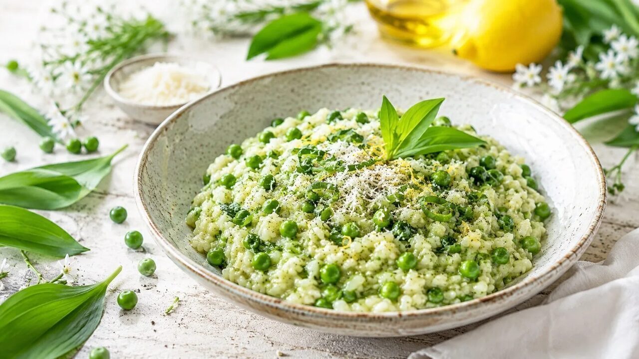 Cremiges Bärlauch-Risotto mit Erbsen, Parmesan und frischen Kräutern
