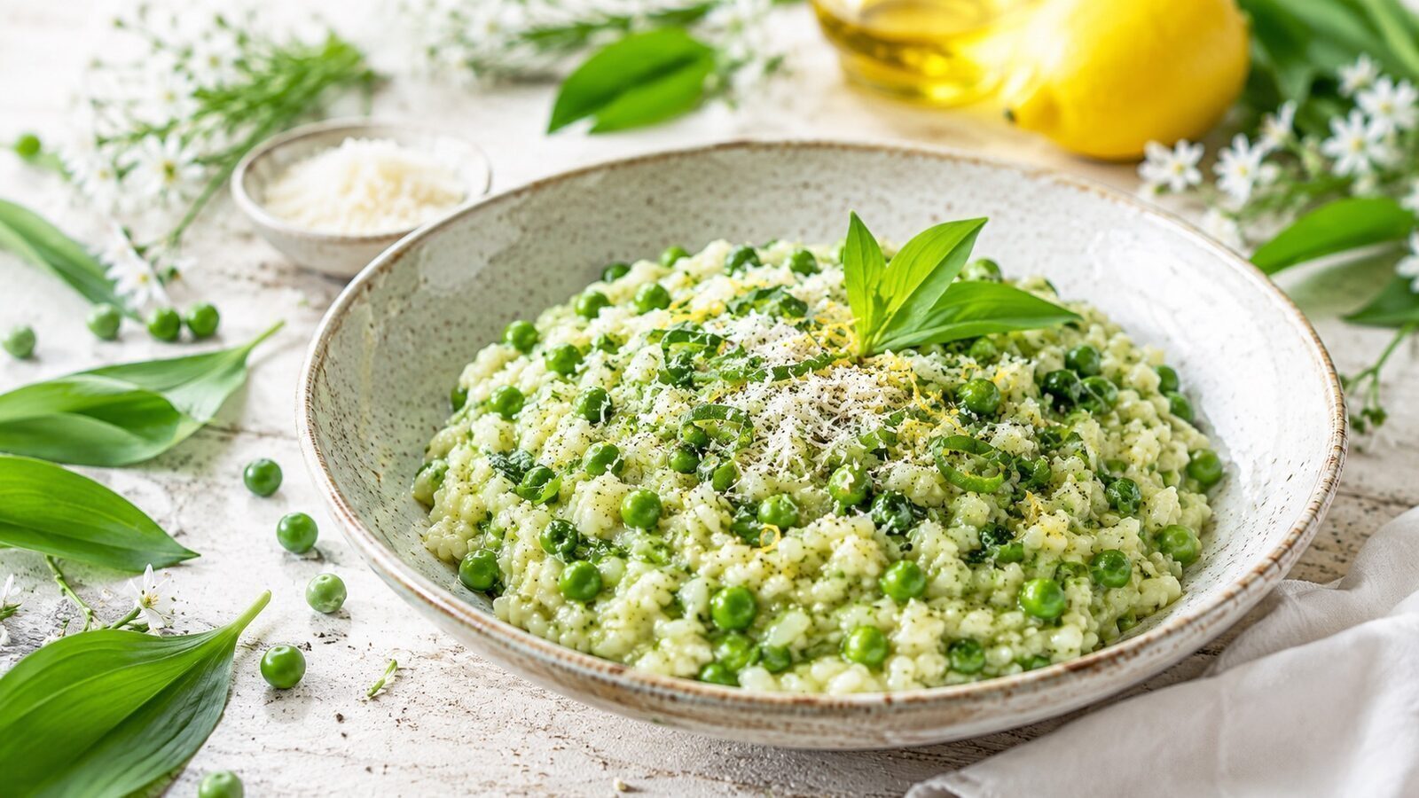 Cremiges Bärlauch-Risotto mit Erbsen, Parmesan und frischen Kräutern