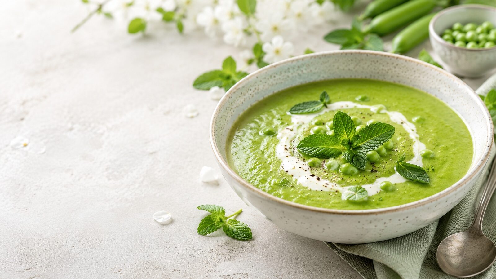 Erbsen-Minz-Suppe als frisches Frühlingsgericht mit saisonalem Gemüse und Kräutern