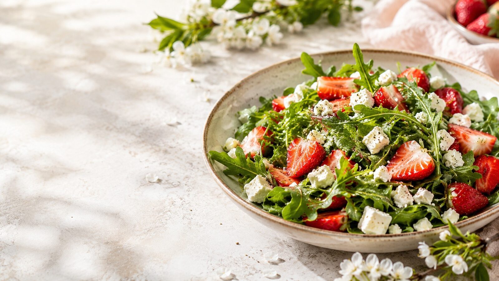 Erdbeer-Rucola-Salat mit Feta als frisches Frühlingsgericht mit saisonalem Gemüse und Kräutern
