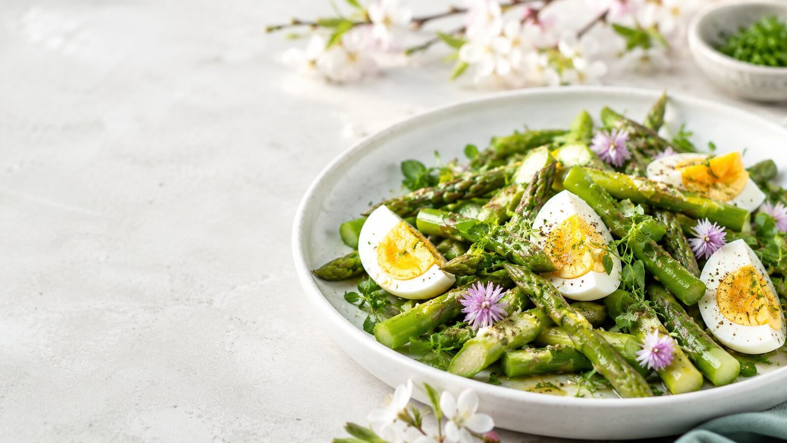 Grüner Spargelsalat mit Ei als frisches Frühlingsgericht mit saisonalem Gemüse und Kräutern