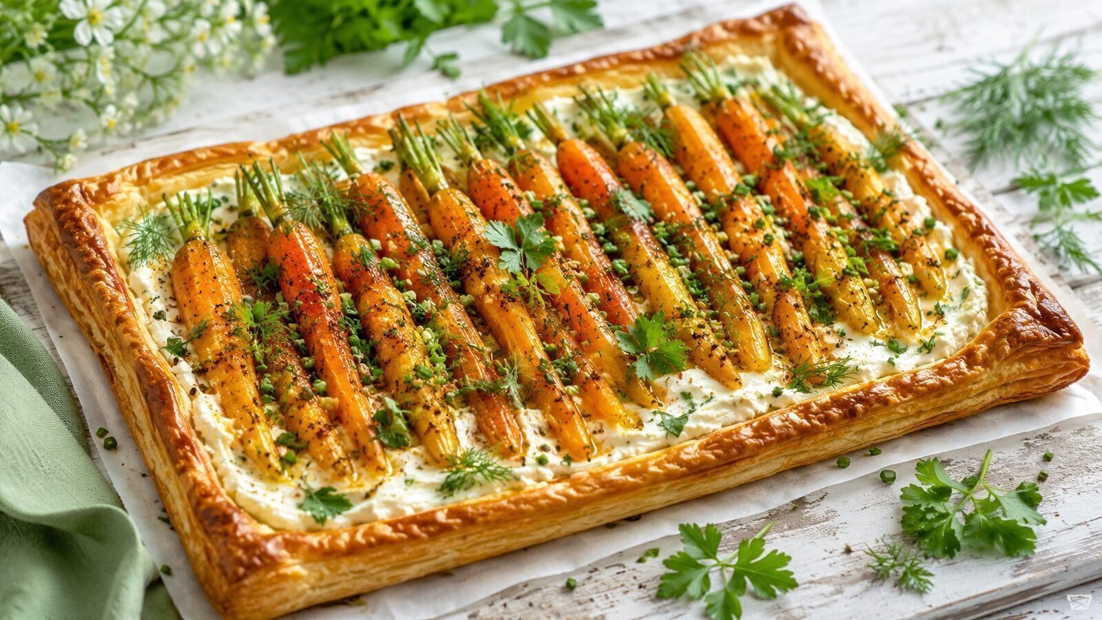 Junge-Möhren-Tarte mit Kräutern, Frischkäsecreme und goldbraunem Blätterteig