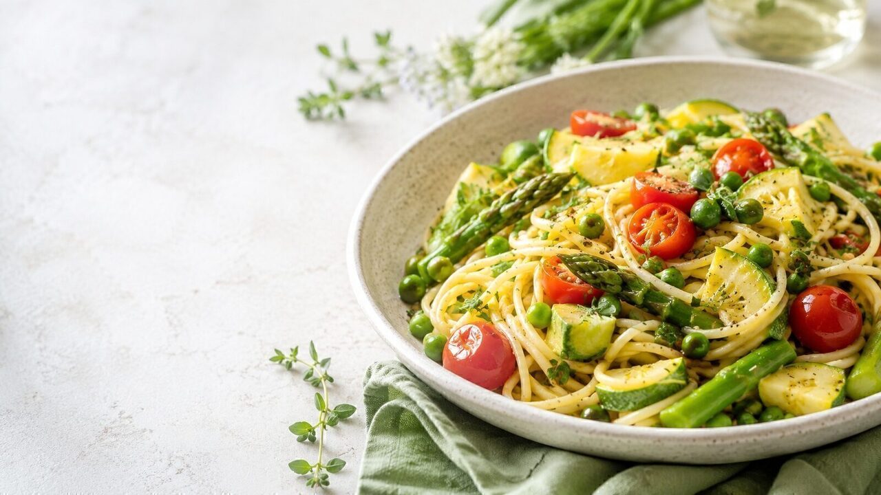 Pasta Primavera als frisches Frühlingsgericht mit saisonalem Gemüse und Kräutern