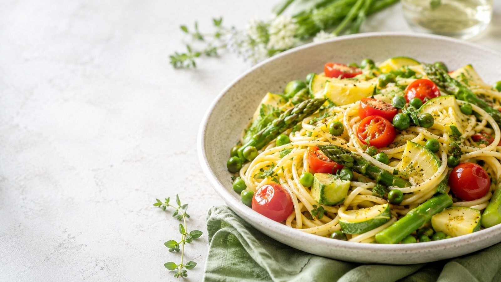 Pasta Primavera als frisches Frühlingsgericht mit saisonalem Gemüse und Kräutern