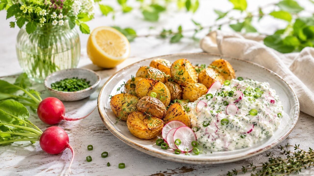 Radieschen-Quark mit goldbraunen Ofenkartoffeln, Schnittlauch und Frühlingszwiebeln
