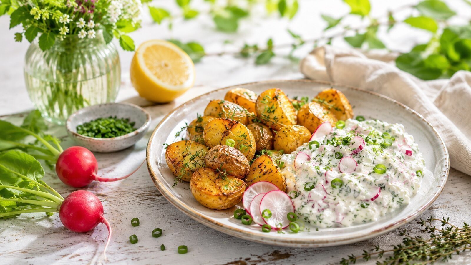 Radieschen-Quark mit goldbraunen Ofenkartoffeln, Schnittlauch und Frühlingszwiebeln