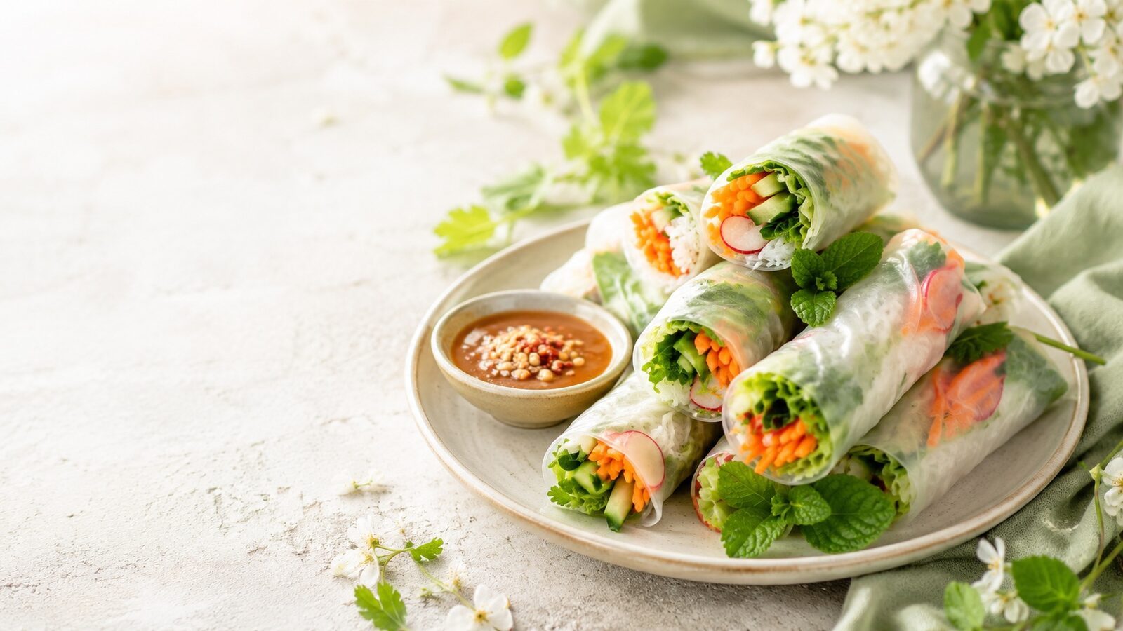 Reispapierrollen mit Frühlingsgemüse als frisches Frühlingsgericht mit saisonalem Gemüse und Kräutern