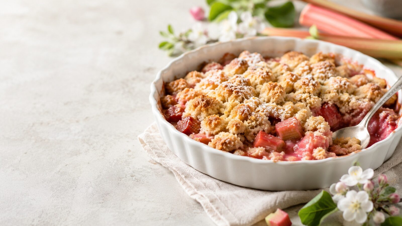 Rhabarber-Crumble als frisches Frühlingsgericht mit saisonalem Gemüse und Kräutern