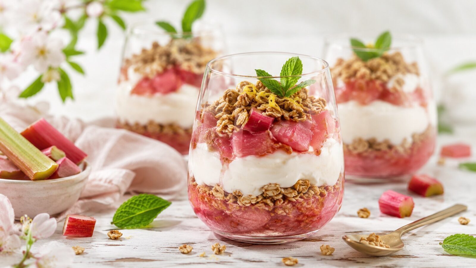 Rhabarber-Joghurt-Dessert im Glas mit Kompott, Joghurtcreme und Granola