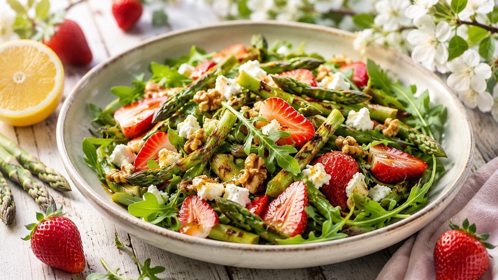 Spargel-Erdbeer-Salat mit Ziegenkäse, Rucola und Walnüssen als frischer Frühlingssalat