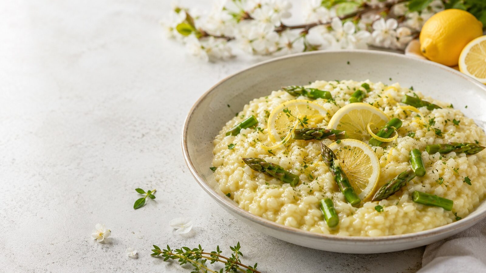 Spargel-Risotto mit Zitrone als frisches Frühlingsgericht mit saisonalem Gemüse und Kräutern