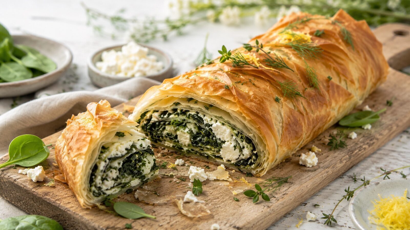 Goldbrauner Spinat-Feta-Strudel mit Kräutern und cremiger Füllung